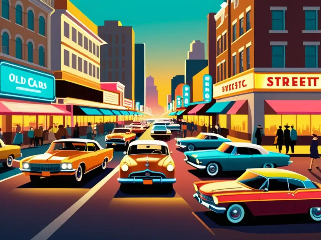 Escena urbana vintage con coches clásicos y luces de neón Una ilustración vintage de una bulliciosa calle de la ciudad, con autos clásicos, letreros de neón y peatones elegantes