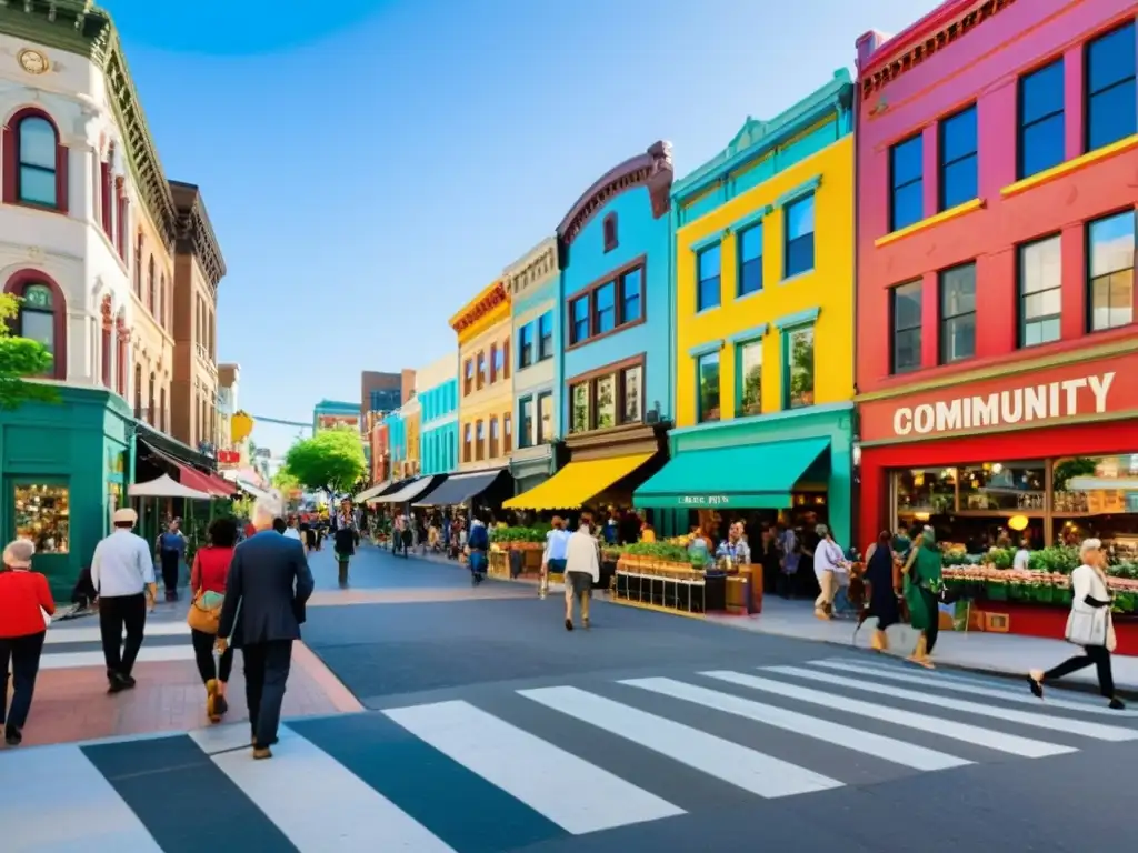 Una bulliciosa calle de la ciudad con diversidad de edificios y personas, reflejando patrones sociales en planificación urbana