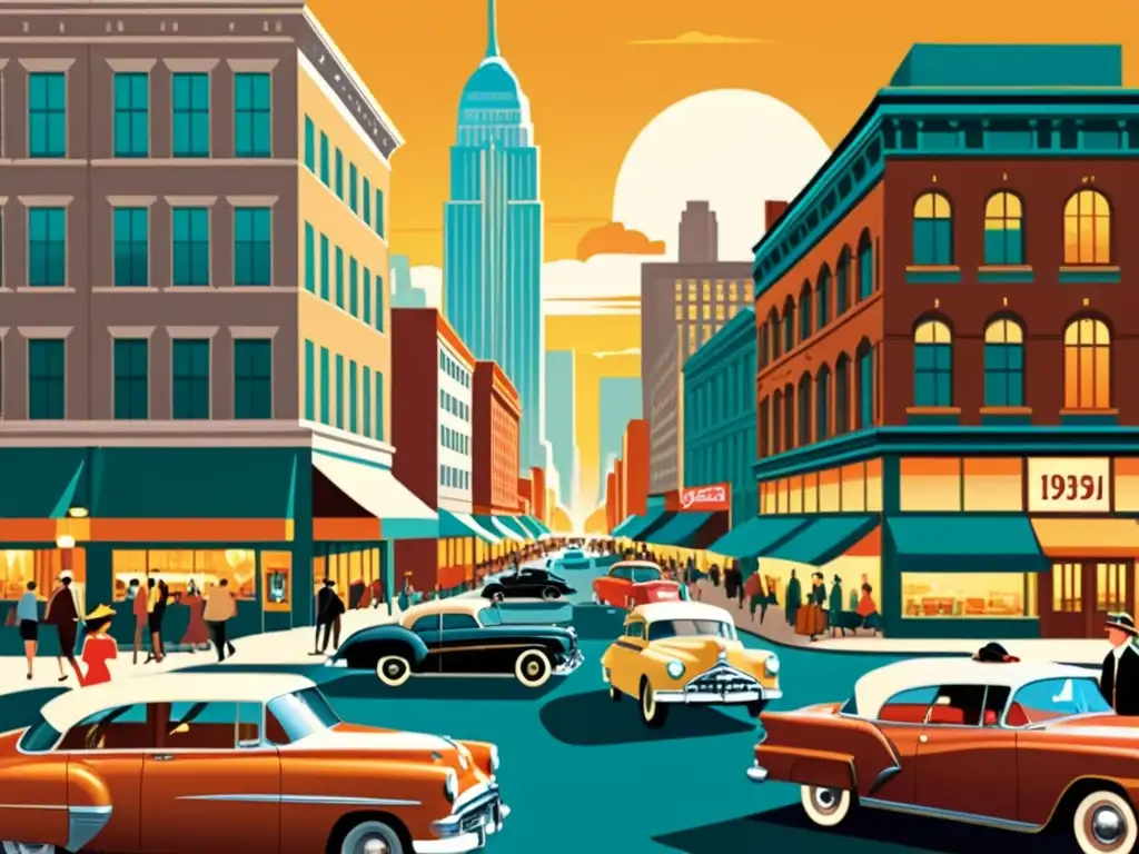 Una ilustración vintage de una bulliciosa calle de la ciudad con edificios altos, autos clásicos y personas vestidas con moda de los años 50