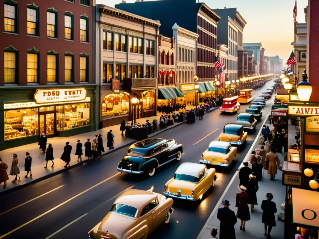 Una bulliciosa calle de la ciudad en estilo vintage, con tiendas clásicas y gente en atuendos de los años 50