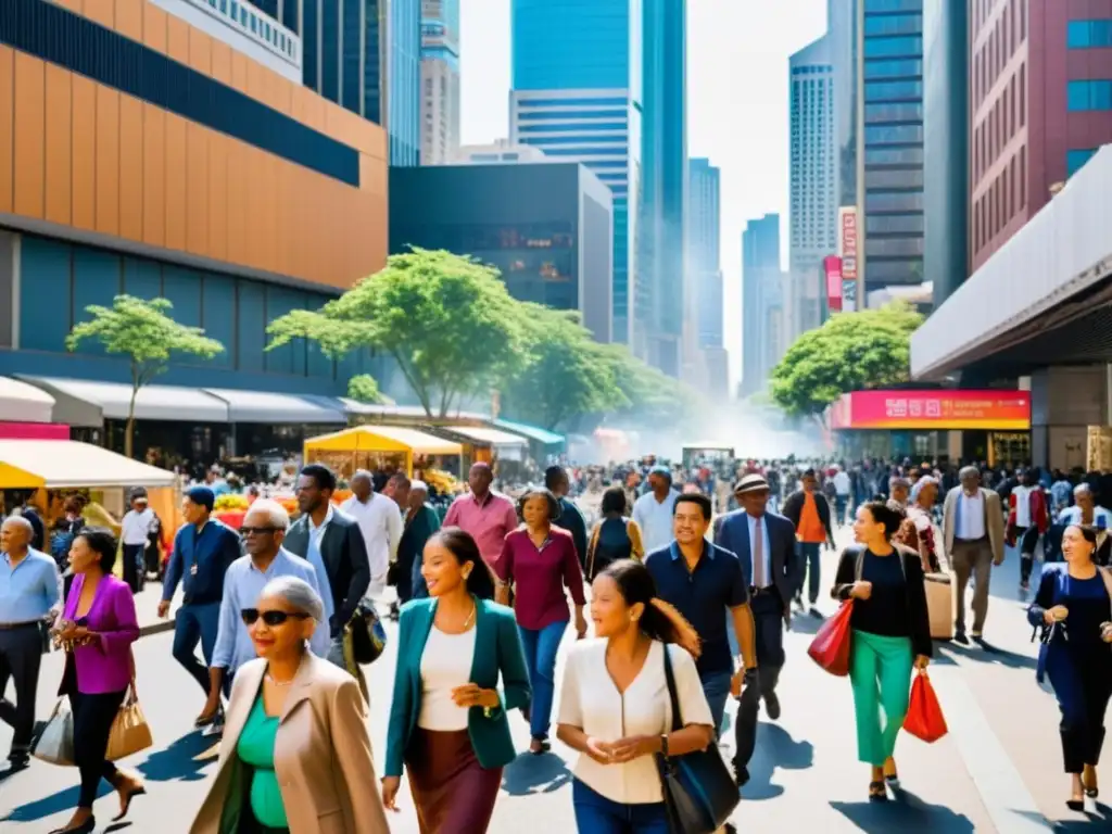 Una bulliciosa calle de la ciudad muestra la influencia económica de patrones poblacionales con diversidad de personas y dinamismo urbano