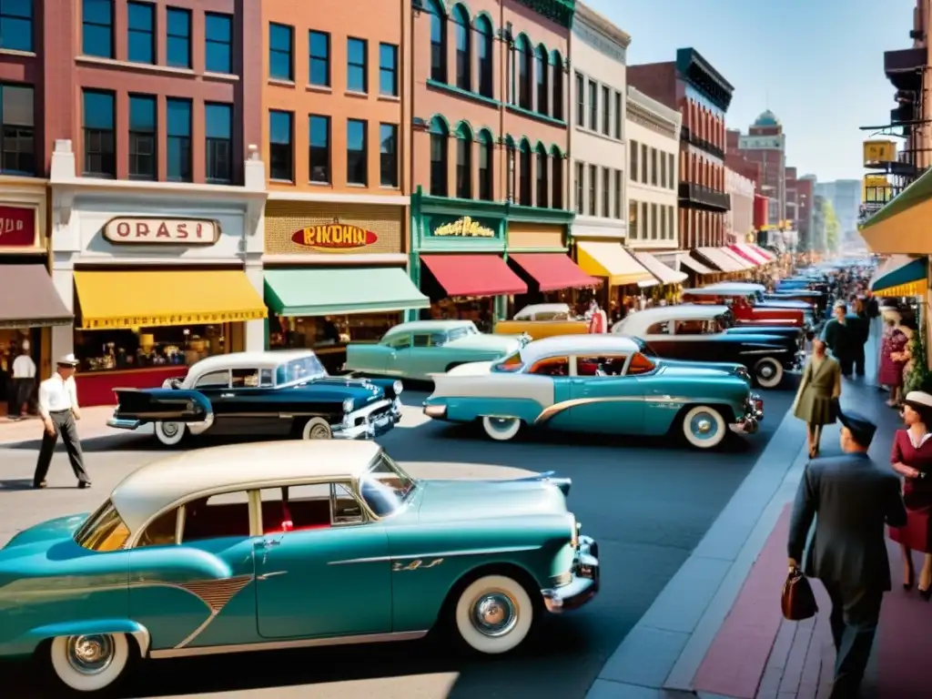 Calles animadas de la ciudad en los años 50: un viaje en el tiempo Una bulliciosa calle de la ciudad llena de autos antiguos, altos edificios de ladrillo y personas vestidas a la moda de los años 50