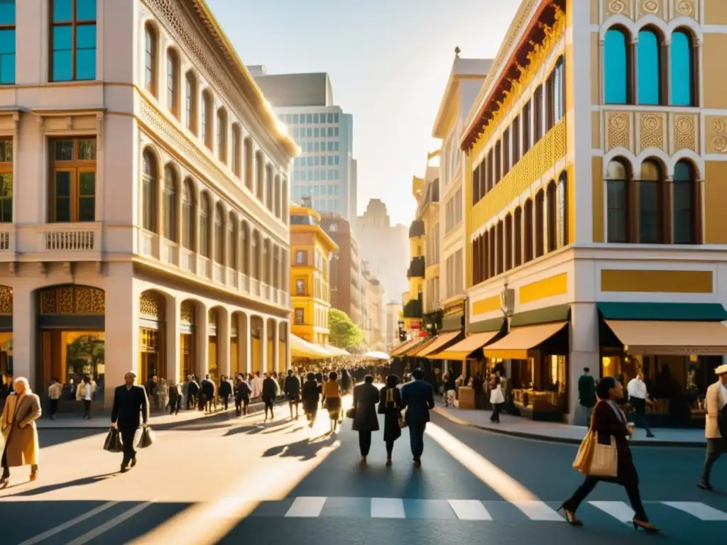 Una bulliciosa calle de la ciudad con patrones arquitectónicos fusionados globalmente y diversidad cultural