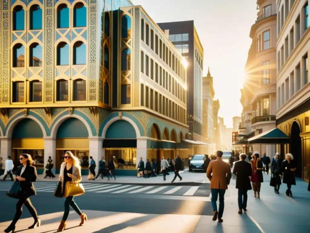 Una bulliciosa calle de la ciudad con patrones en revestimientos de arquitectura moderna, que fusiona la modernidad con la vibrante vida urbana