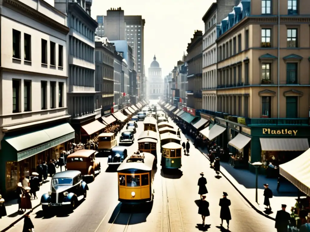 Una fotografía vintage de una bulliciosa calle de la ciudad, con patrones de segregación espacial en la arquitectura y la vida cotidiana