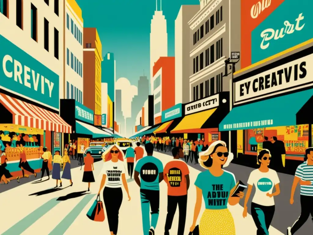 Una bulliciosa calle con estampados publicitarios textiles impactantes y creativos