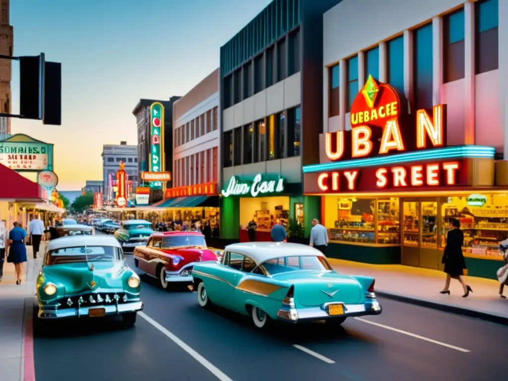 Una bulliciosa calle urbana de los años 50, llena de coches vintage y tiendas con letreros de neón, mostrando un paisaje urbano vibrante con un toque nostálgico