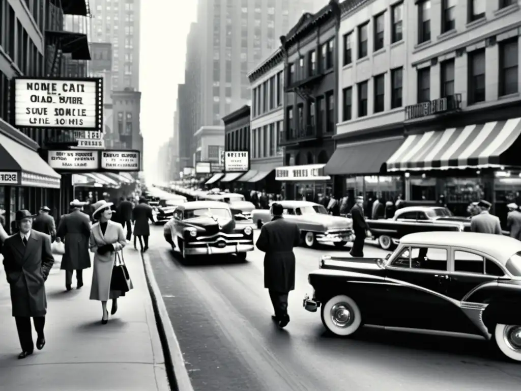 Una bulliciosa calle urbana en blanco y negro, con tiendas vintage y personas vestidas a la moda de los años 50