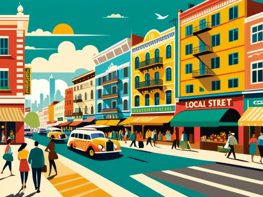 Mural urbano: arte local en la bulliciosa calle Una bulliciosa calle urbana con murales artísticos, reflejando la importancia de los patrones artísticos locales en la publicidad móvil personalizada