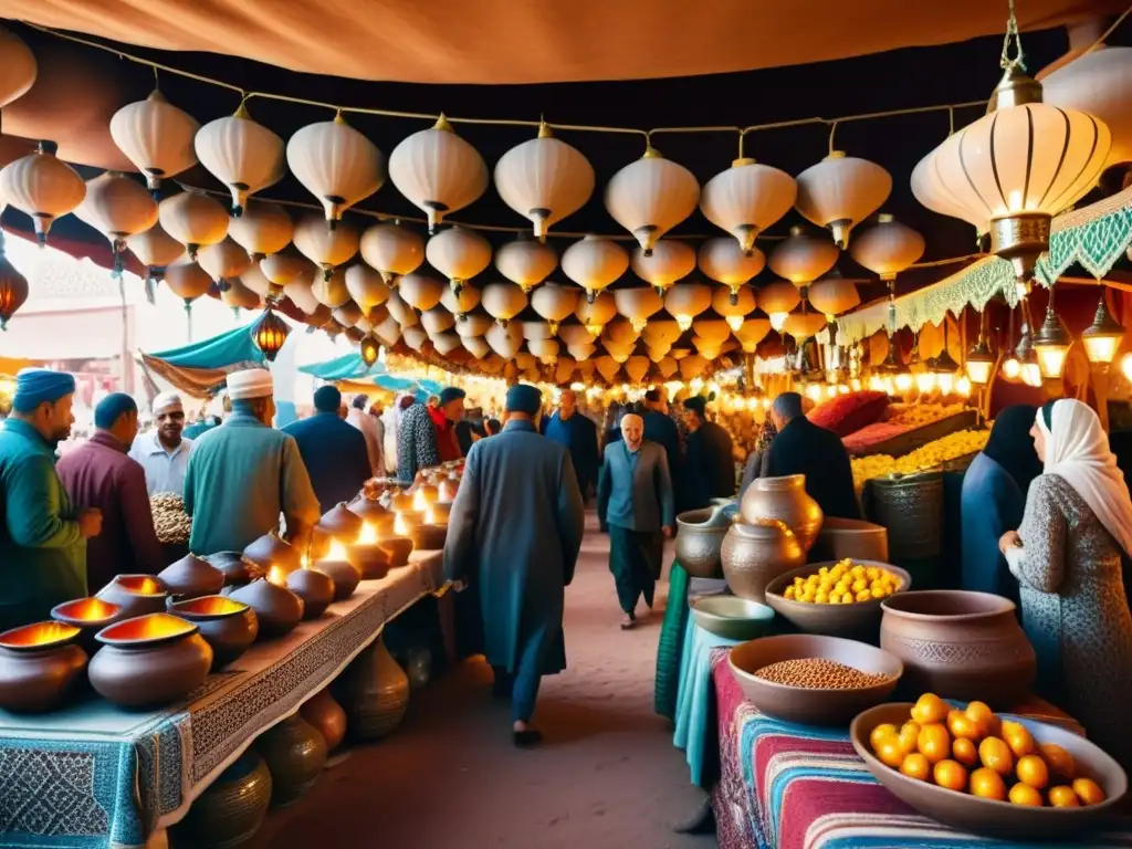 Una bulliciosa escena de mercado en Marruecos, con textiles vibrantes y patrones intrincados