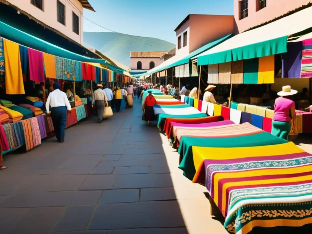 Una bulliciosa escena en un mercado tradicional latinoamericano, con vibrantes textiles y patrones tradicionales en estrategias de branding