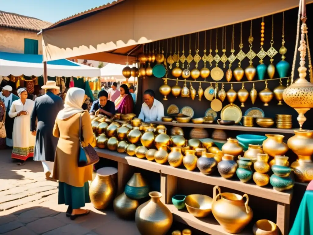 Una bulliciosa escena en un mercado vintage, con souvenirs que muestran historias detrás de los patrones culturales