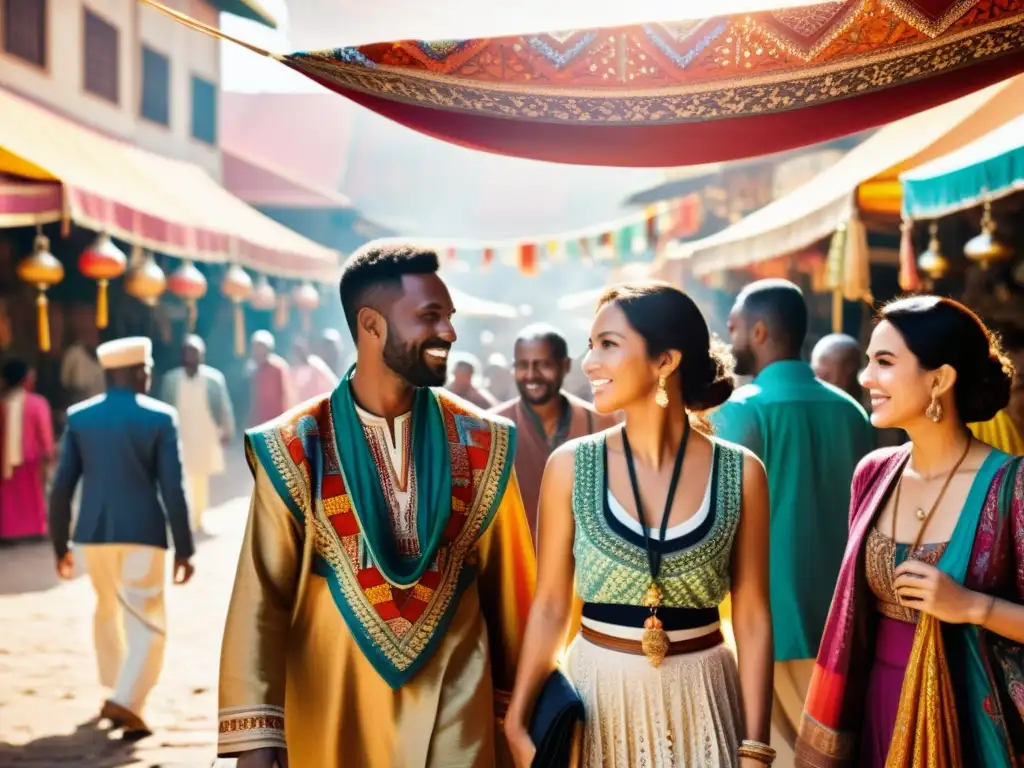 Una bulliciosa recopilación de patrones artísticos internacionales, en una fotografía vintage de personas de diversas culturas en un animado mercado