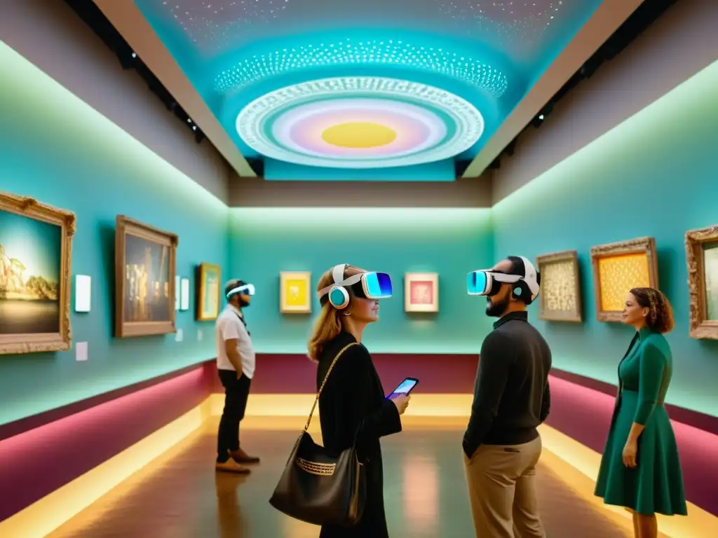 Experiencia de arte virtual en galería de arte Un bullicioso galería de arte con patrones y realidad aumentada, donde los visitantes disfrutan de instalaciones virtuales