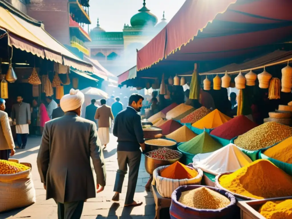 Un bullicioso bazar de especias indias con patrones de luz y sombra