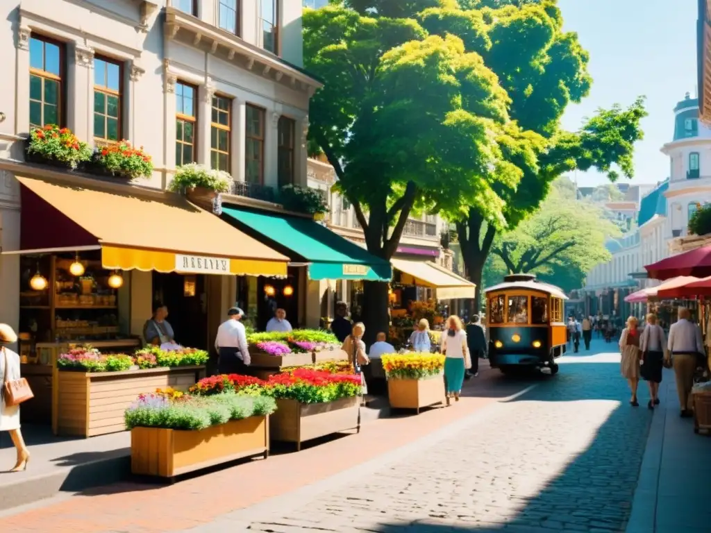 Un bullicioso bulevar urbano con arquitectura vintage, árboles y coloridos jardines