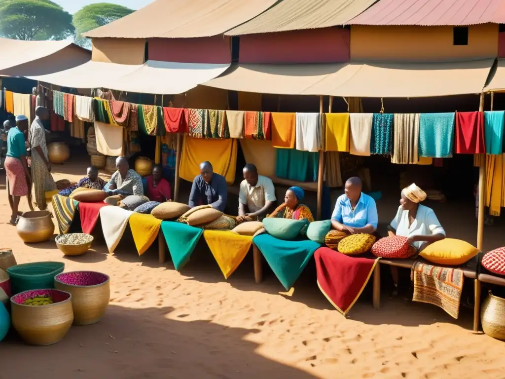 Un bullicioso mercado africano con tejidos africanos, patrones culturales y una atmósfera nostálgica llena de vida