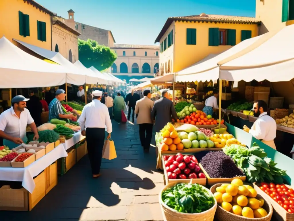 Un bullicioso mercado al aire libre en el Mediterráneo con puestos de frutas, verduras y especias