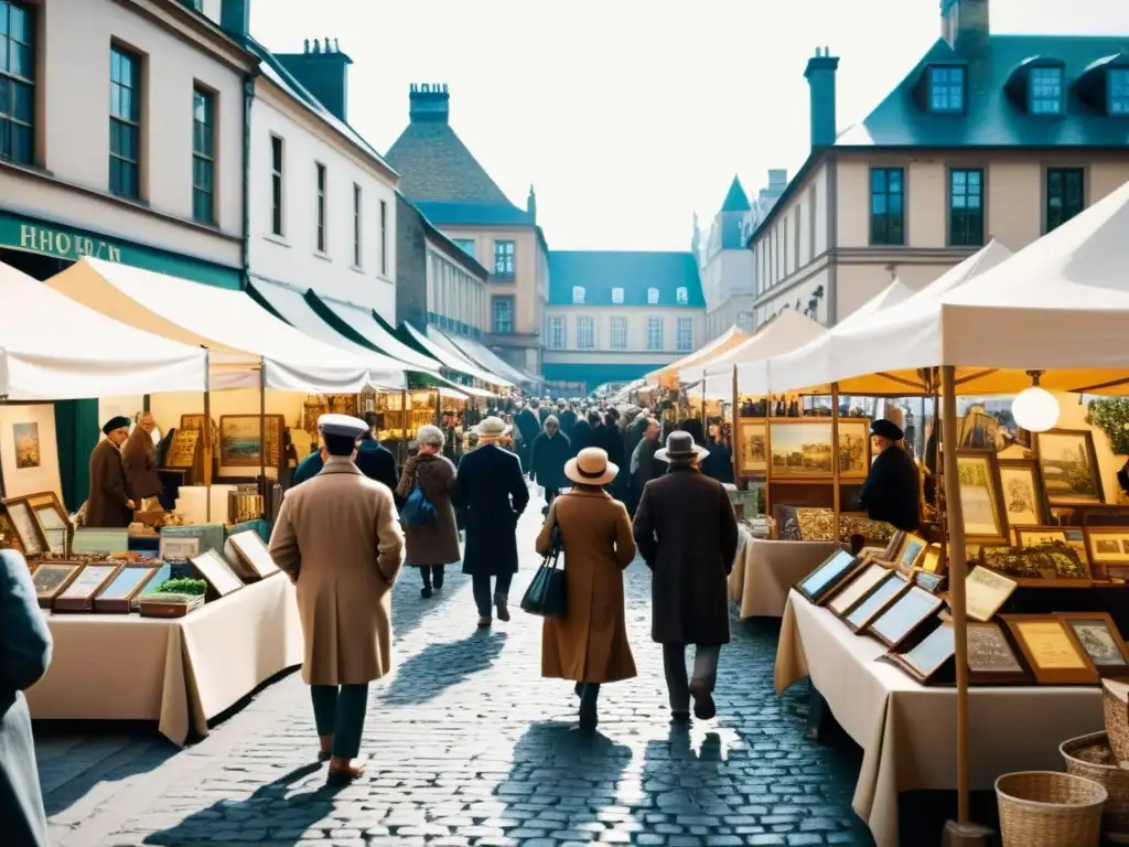 Una fotografía sepia de alta resolución de un bullicioso mercado de arte en el siglo XX