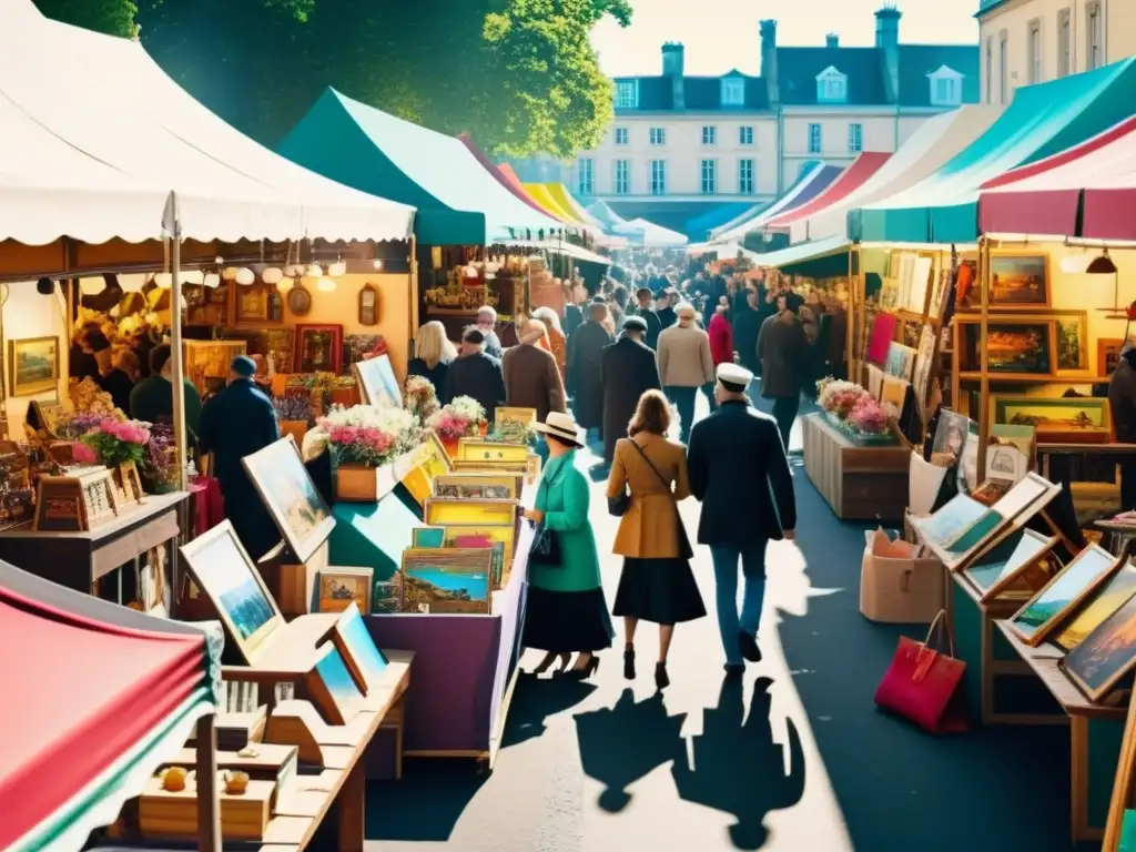 Un bullicioso mercado de arte vintage con colores vibrantes, esculturas y pinturas