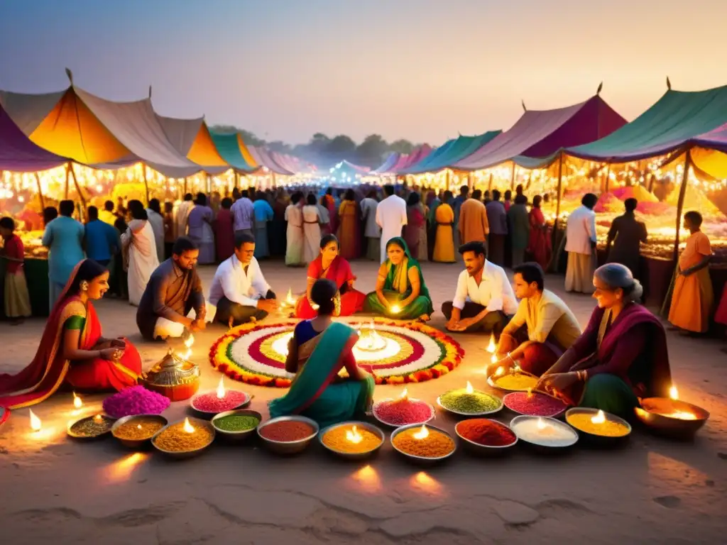 En el bullicioso mercado de Diwali, artesanos crean patrones de luz y color en textiles vibrantes, reflejando la tradición y la celebración