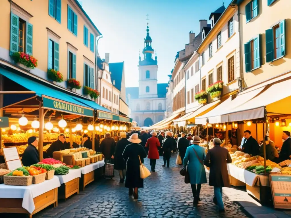 Un bullicioso mercado en una ciudad europea vintage con puestos coloridos y arquitectura medieval y barroca