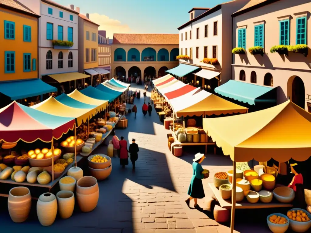 Un bullicioso mercado en una ciudad histórica, con diseños artísticos únicos bañados por la cálida luz dorada