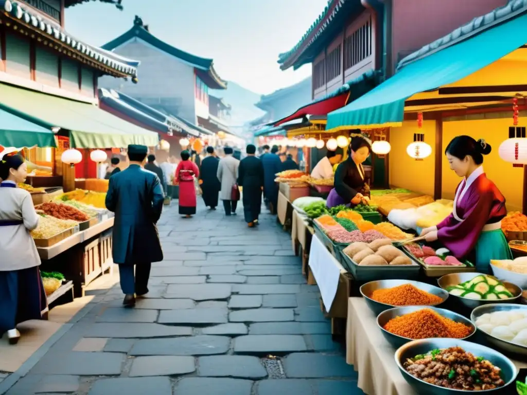 Un bullicioso mercado coreano con puestos de comida tradicional y vendedores vestidos con hanbok