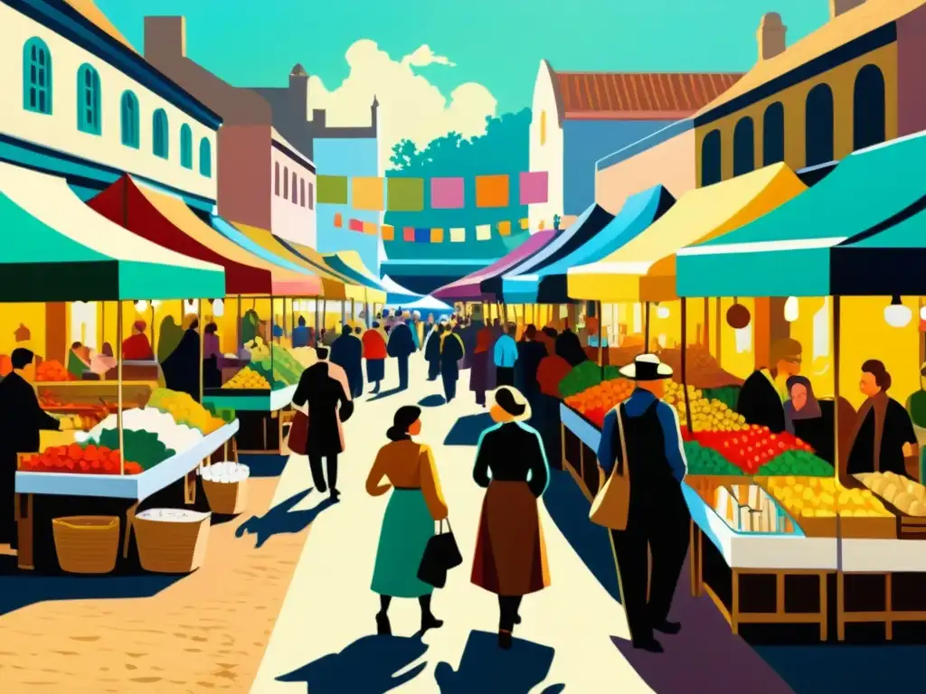 Un bullicioso mercado emergente de patrones artísticos capturado en una pintura al óleo de estilo vintage