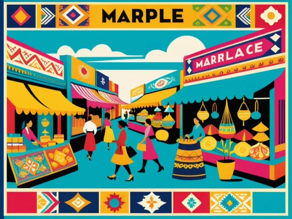 Un bullicioso mercado étnico con vibrantes patrones y productos tradicionales