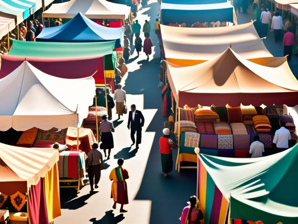 Una fotografía vintage de un bullicioso mercado en un festival cultural, con vibrantes textiles tradicionales en patrones intrincados