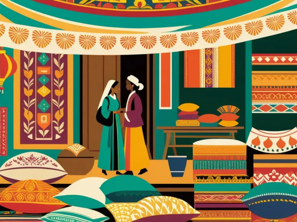 Mercado global de textiles: intercambio cultural vibrante En un bullicioso mercado global, se intercambian diseños culturales comercio global en vibrantes textiles