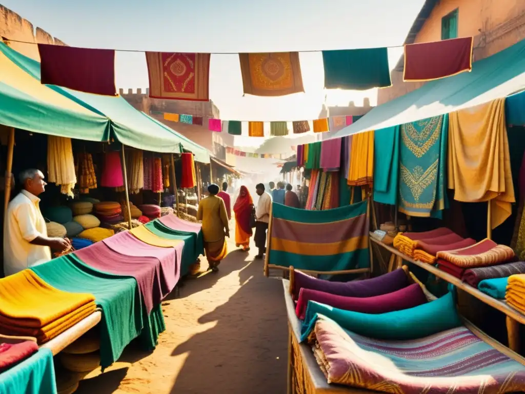 Un bullicioso mercado indio con textiles de tintes naturales en vibrantes colores, resplandeciendo bajo la cálida luz dorada