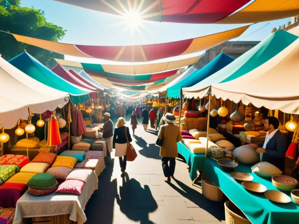 Un bullicioso mercado lleno de textiles vibrantes y mercancía colorida de todo el mundo, irradiando vitalidad cultural