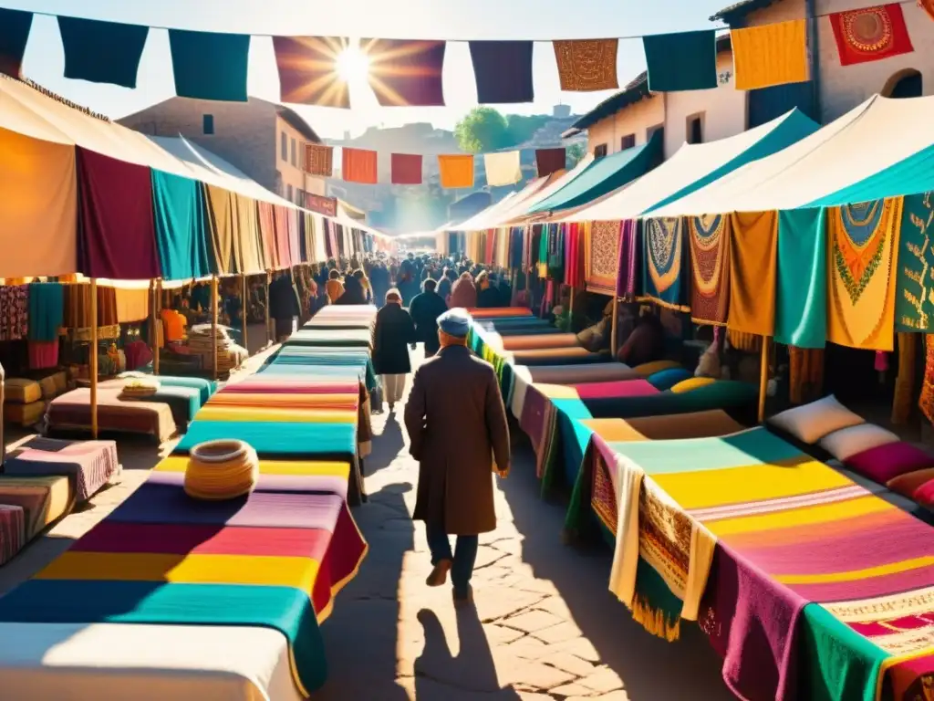 Un bullicioso mercado lleno de textiles artesanales de diferentes culturas, resaltando colores y patrones