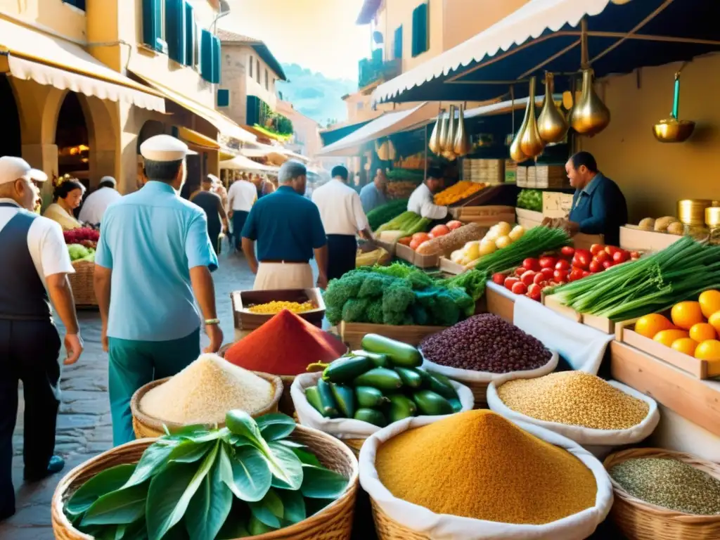 Un bullicioso mercado mediterráneo con patrones culinarios de la comida mediterránea, lleno de colores vibrantes y productos frescos