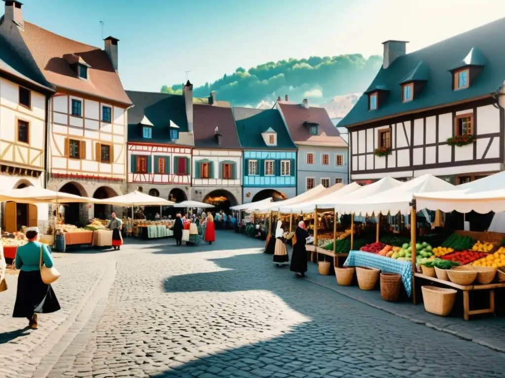 Un bullicioso mercado en una plaza europea tradicional, con patrones étnicos impactando la atmósfera cultural de Europa