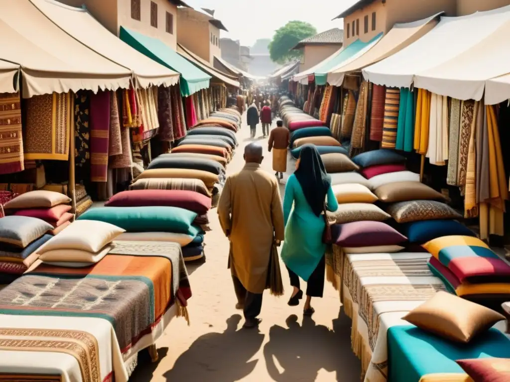 Un bullicioso mercado repleto de vibrantes textiles tradicionales de todo el mundo, que resaltan la influencia cultural en el comercio internacional