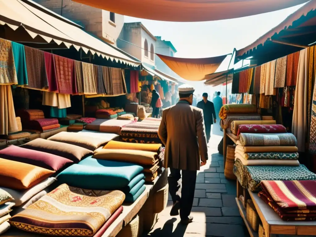 Un bullicioso mercado textil en un bazar con Patrones artísticos en culturas interculturales