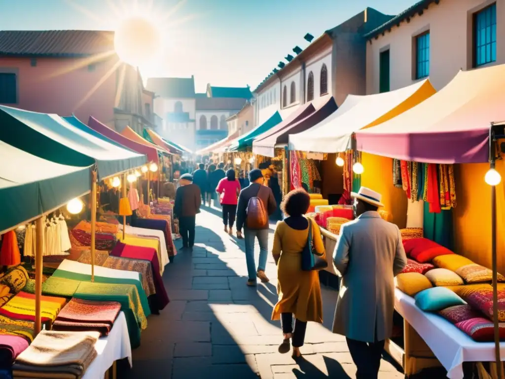 Un bullicioso mercado con vendedores ofreciendo una colorida variedad de textiles y accesorios de diferentes culturas