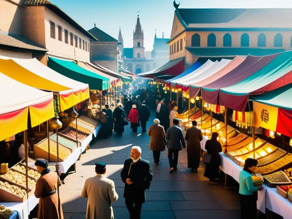 Un bullicioso mercado vintage con puestos de venta de arte religioso