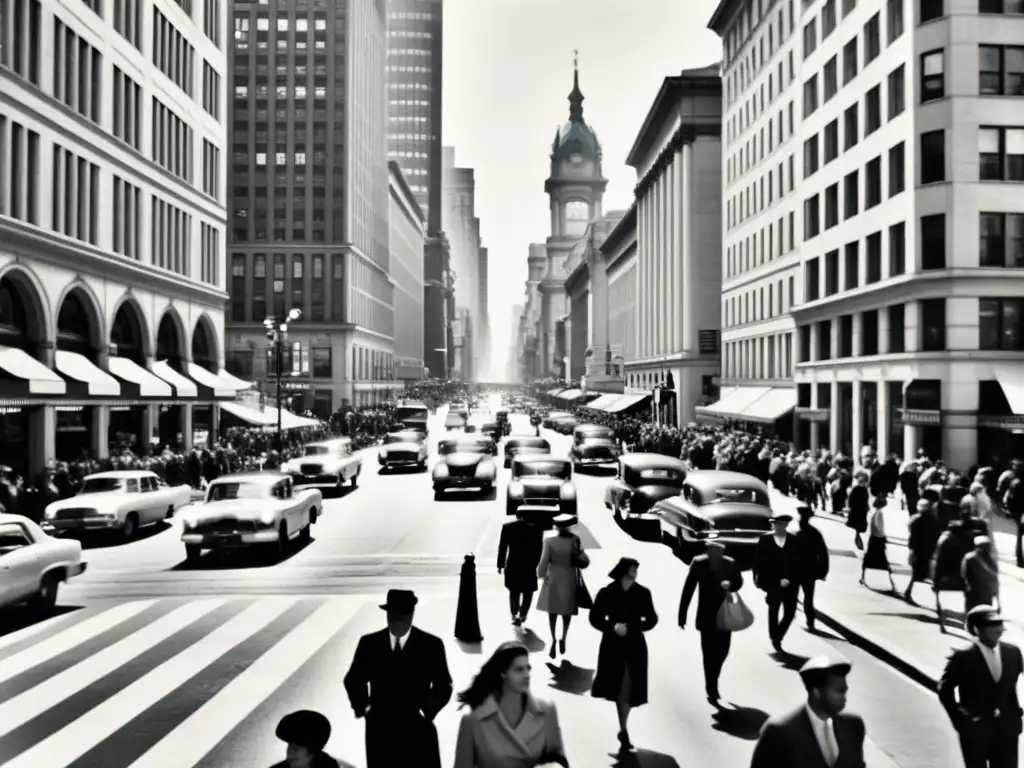 Un bullicioso paisaje urbano en blanco y negro que muestra la diversidad de personas y autos