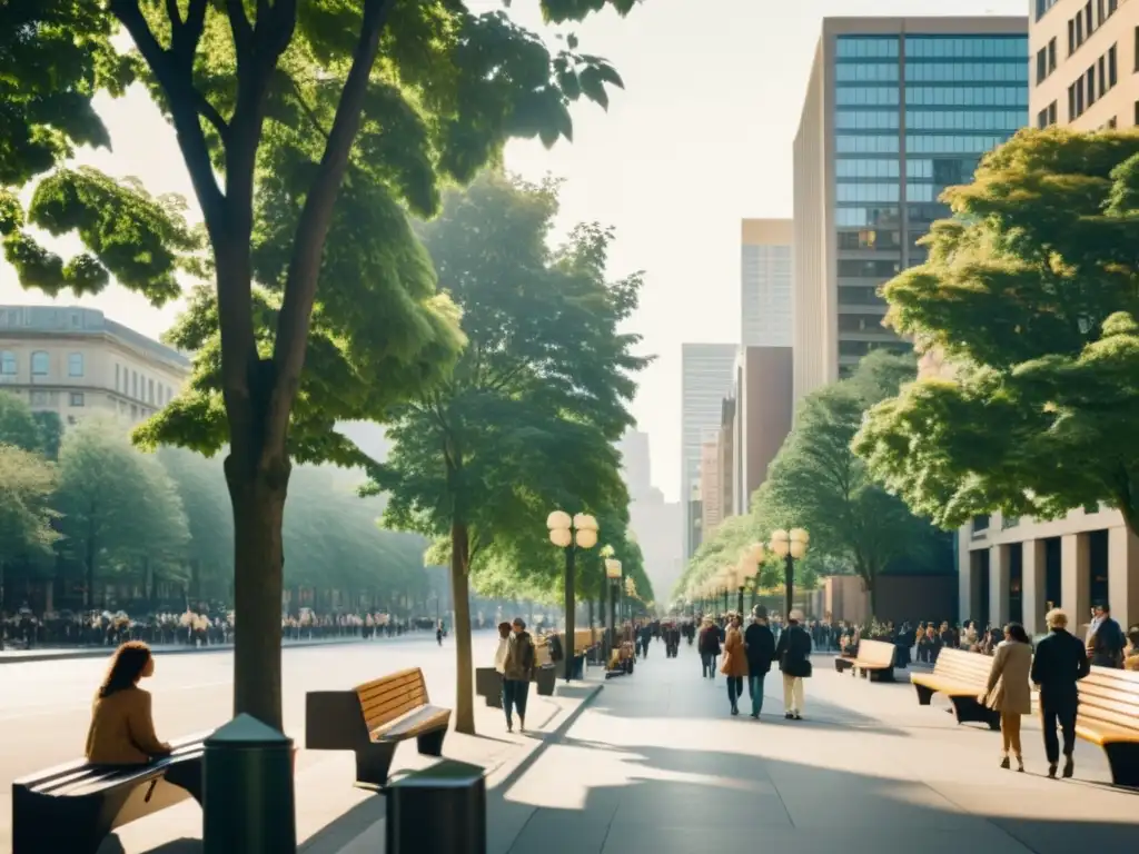 Un bullicioso paseo urbano con árboles, bancos, gente caminando y altos edificios al fondo