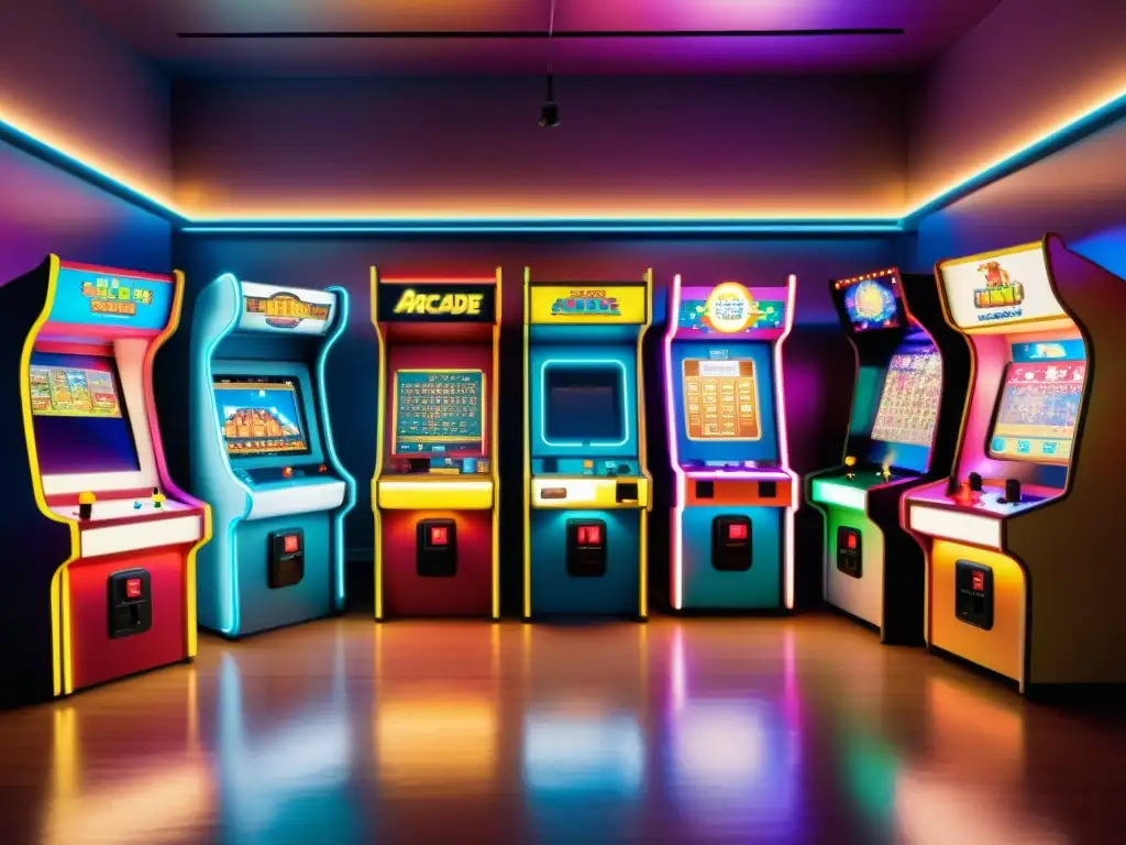 Un bullicioso salón arcade vintage, repleto de personajes pixelados y luces de neón parpadeantes