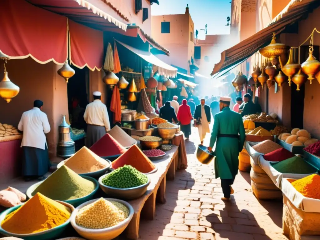 Un bullicioso zoco marroquí con especias, textiles y cocina tradicional en Marrakech