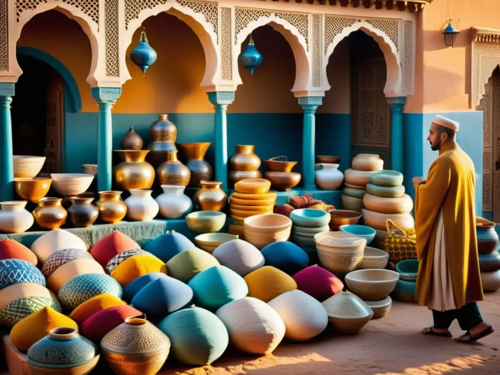 Un bullicioso zoco marroquí con textiles vibrantes, cerámica ornamental y patrones culturales, bañado por la cálida luz dorada del atardecer