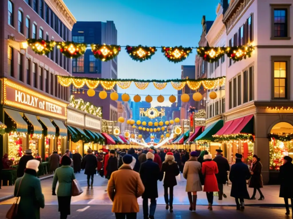 Una calle bulliciosa de la ciudad decorada con patrones festivos para campañas de marketing, evocando alegría y emoción navideña