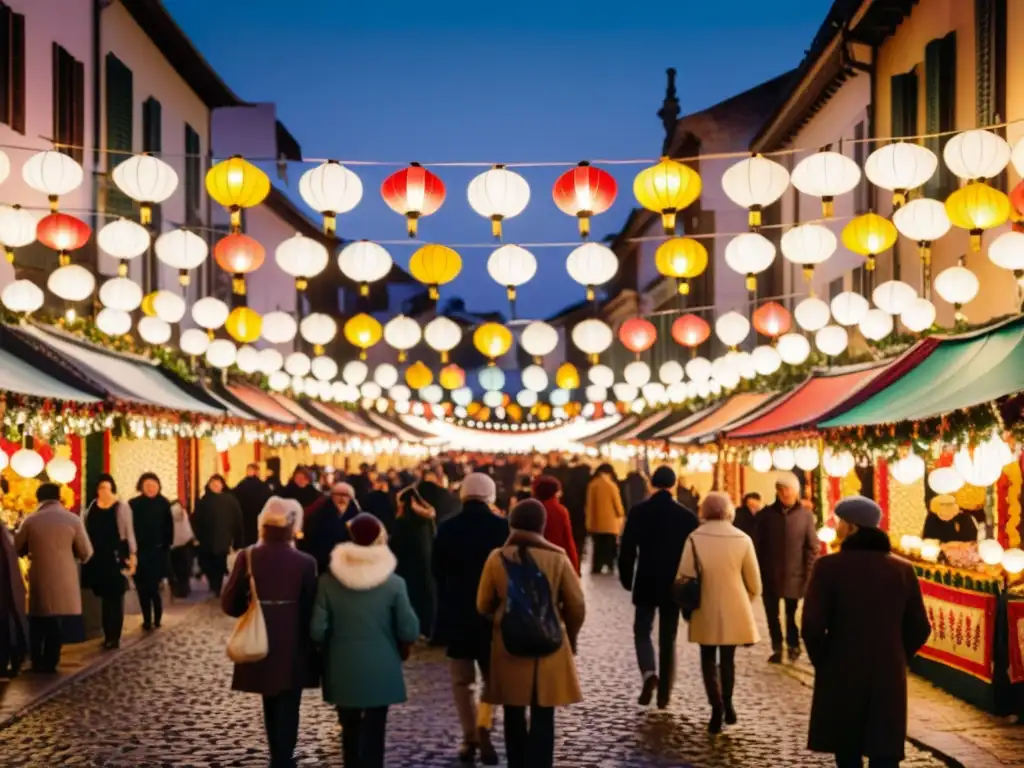 Vibrante calle iluminada por festividades Una calle bulliciosa iluminada por decoraciones festivas, reflejando patrones en iluminaciones festivas y una atmósfera cálida de alegría nocturna