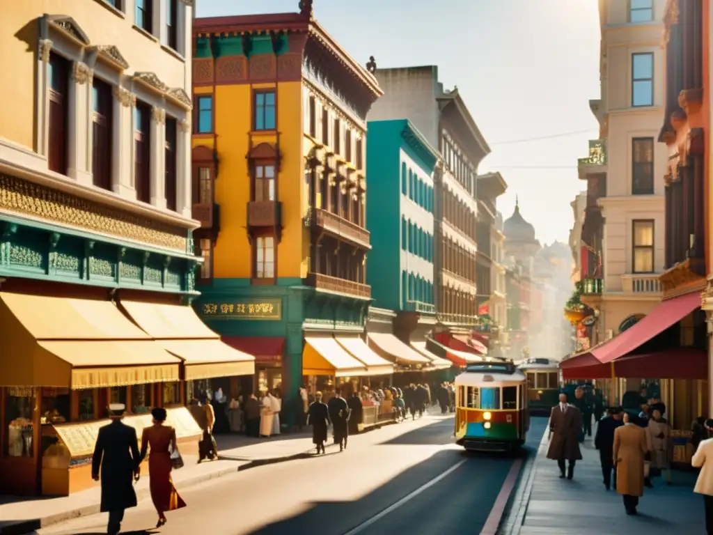 Una calle bulliciosa con patrones arquitectónicos fusionados globalmente, detalles ornamentados y fachadas coloridas, iluminada por el cálido sol, reflejando la interconexión de influencias arquitectónicas globales