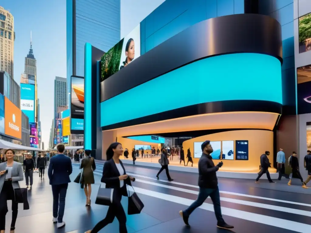 Una calle de la ciudad bulliciosa llena de tiendas futuristas e innovadoras que muestran tecnología de vanguardia